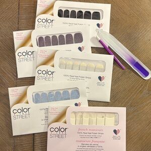 Color Street Nail Polish Strips
Black
Glitter- Purple,Silver,Blue
F. Manicure